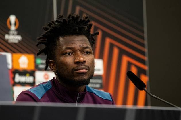 Bayer 04 Leverkusen, Pressekonferenz; 08.05.2024 Edmond Tapsoba (Bayer 04 Leverkusen, 12) Bayer 04 Leverkusen, Pressekonferenz zum Spiel der UEFA Europa League: Bayer 04 Leverkusen - AS Roma; BayArena, Leverkusen; 08.05.2024 Copyright: xBEAUTIFULxSPORTS Buriakovx