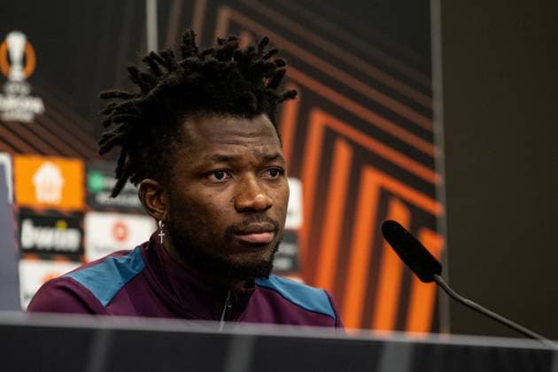 Bayer 04 Leverkusen, Pressekonferenz; 08.05.2024 Edmond Tapsoba (Bayer 04 Leverkusen, 12) Bayer 04 Leverkusen, Pressekonferenz zum Spiel der UEFA Europa League: Bayer 04 Leverkusen - AS Roma; BayArena, Leverkusen; 08.05.2024 Copyright: xBEAUTIFULxSPORTS Buriakovx