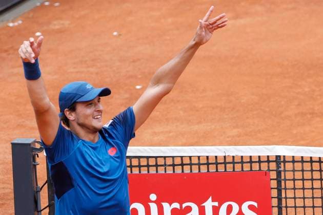 May 8, 2024, Rome, ITALY: Luciano Darderi of Italy celebrates after winning his men s singles 1st round match against Denis Shapovalov of Canada (not pictured) at the Italian Open tennis tournament in Rome, Italy, 08 May 2024 ANSA FABIO FRUSTACI Italian Open tennis tournament  - ZUMAa110 20240508_zaf_a110_021 Copyright: xFabioxFrustacix