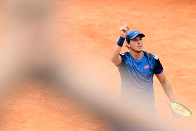 Luciano Darderi of Italy celebrates at the end of the match against Denis Shapovalov of Canada at the Internazionali BNL d Italia 2024 tennis tournament at Foro Italico in Rome, Italy on May 8, 2024. antoniettaxbaldassarre