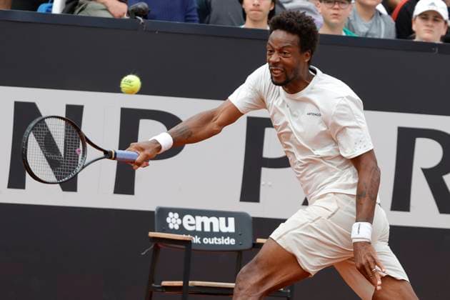 May 8, 2024, Rome, Lazio, Italy: Gael Monfils (FRA) is playing during the first round match against Thiago Monteiro (BRA) on day three of the Internazionali BNL D Italia 2024 at Foro Italico on May 08, 2024 in Rome, Italy. Rome Italy - ZUMAl131 20240508_zsp_l131_088 Copyright: xCiroxDexLucax