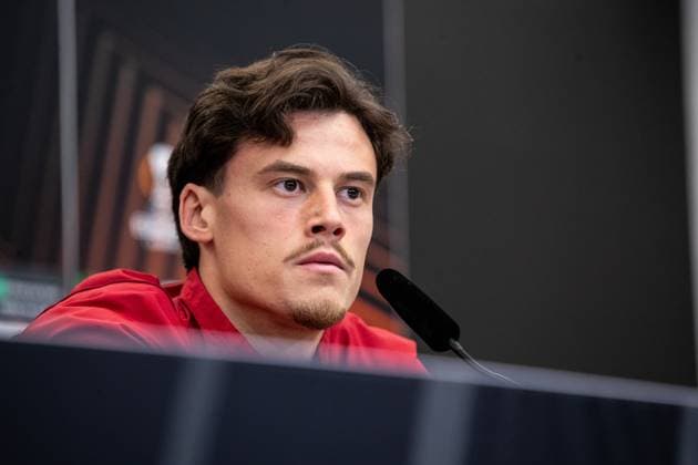 AS Roma, Pressekonferenz; 08.05.2024 Mile Svilar (AS Roma, 99) Bayer 04 Leverkusen, Pressekonferenz zum Spiel der UEFA Europa League: Bayer 04 Leverkusen - AS Roma; BayArena, Leverkusen; 08.05.2024 Copyright: xBEAUTIFULxSPORTS Buriakovx