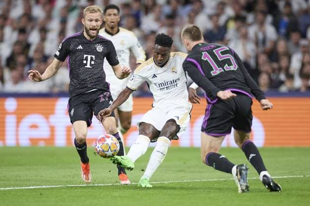 Vinicius Junior of Real Madrid CF with the ball during the UEFA Champions League match between Real Madrid and Bayern Munich at Santiago Bernabeu Stadium on May 8, 2024 in Madrid, Spain. (Photo by: LGM) FOOTBALL : Real Madrid vs Bayern Munich- UEFA Champions League - 08 05 2024 LGM Panoramic 