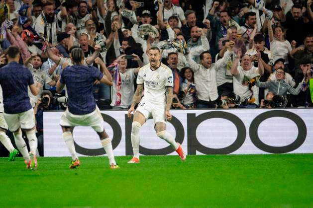 Torjubel zum 1:1 durch Joselu 14 ( Madrid ), Real Madrid vs. FC Bayern Muenchen, Fussball, Champions League, Halbfinale, 08.05.2024 Madrid Madrid Spanien