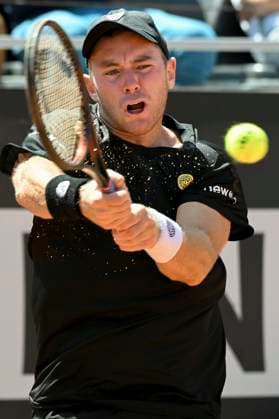Dominik Koepfer of Germany in action during the match against Andrea Vavassori of Italy at the Internazionali BNL d Italia 2024 tennis tournament at Foro Italico in Rome, Italy on May 9, 2024. antoniettaxbaldassarre