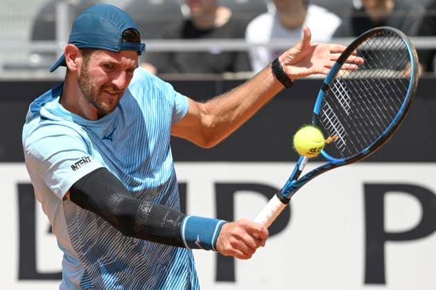 Andrea Vavassori of Italy in action during the match against Dominik Koepfer of Germany at the Internazionali BNL d Italia 2024 tennis tournament at Foro Italico in Rome, Italy on May 9, 2024. antoniettaxbaldassarre