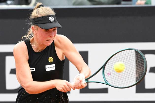 Magdalena Frech of Poland in action during her match against Coco Gauff of United States of America at the Internazionali BNL d Italia 2024 tennis tournament at Foro Italico in Rome, Italy on May 9, 2024. Coco Gauff defeated Magdalena Frech 6-3, 6-3. antoniettaxbaldassarre
