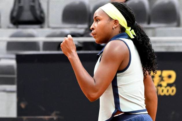 Coco Gauff of United States of America celebrates during her match against Magdalena Frech of Poland at the Internazionali BNL d Italia 2024 tennis tournament at Foro Italico in Rome, Italy on May 9, 2024. Coco Gauff defeated Magdalena Frech 6-3, 6-3. antoniettaxbaldassarre