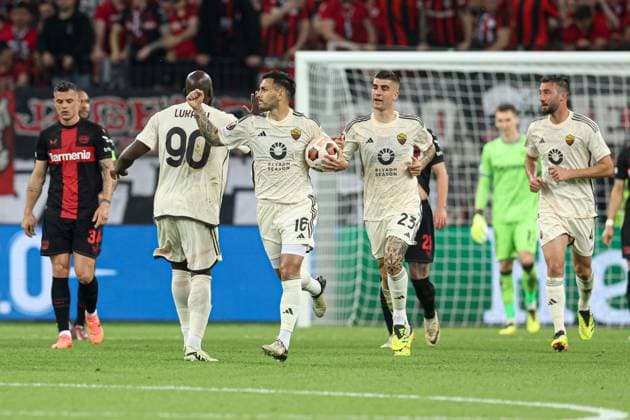 Leandro Paredes of Roma scores to make it 0-1 and celebrates Bayer 04 Leverkusen v Roma, UEFA Europa League, Semi Final, Second Leg Football, BayArena, Leverkusen, Germany - 09 May 2024 EDITORIAL USE ONLY No use with unauthorised audio, video, data, fixture lists, club league logos or live services. Online in-match use limited to 120 images, no video emulation. No use in betting, games or single club league player publications. Copyright: xPaulxCurrie Shutterstockx 14470736ak