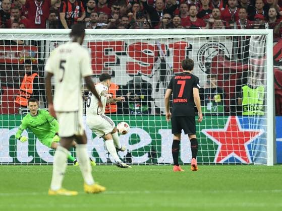 09.05.2024, Leverkusen, Germany, BayARENA, Bayer 04 Leverkusen vs AS Rom - UEFA Europa League 2023 2024 - Semi-finals second leg, Leandro Paredes (AS Rom) Tor zum 0:1 (Foto Ralf Treese) Leverkusen BayARENA North Rhine-Westphalia Germany