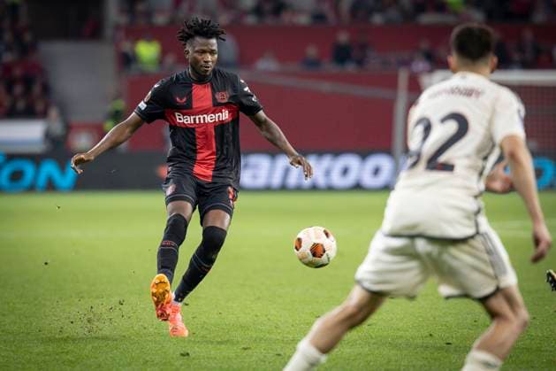 UEFA Europa League Halbfinale; Bayer 04 Leverkusen vs. AS Roma, 09.05.2024 Edmond Tapsoba (Bayer 04 Leverkusen, 12) während des Europa-League-Halbfinales zwischen Bayer 04 Leverkusen und AS Rom in der BayArena am 09.05.2024 in Leverkusen, Deutschland. DFL REGULATIONS PROHIBIT ANY USE OF PHOTOGRAPHS AS IMAGE SEQUENCES AND OR QUASI-VIDEO. Copyright: xBEAUTIFULxSPORTS AxelxKohringx