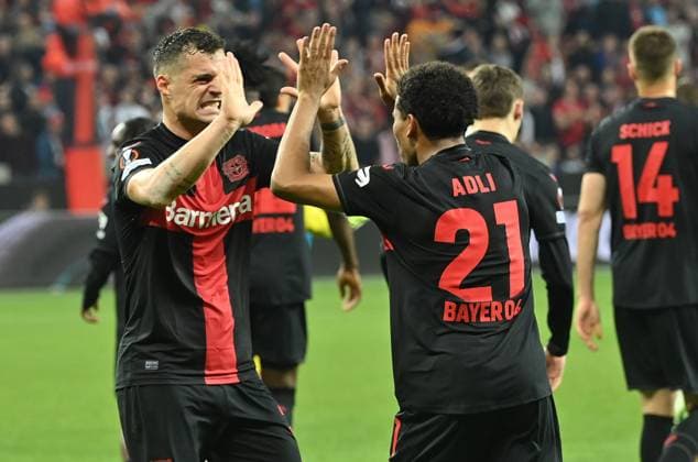 08.05.2024, xjrdrx, Fussball UEFA Europa League, Bayer 04 Leverkusen - AS Roma emspor, v.l. Granit Xhaka (Bayer Leverkusen), Amine Adili (Bayer Leverkusen) celebrate the goal, Der Torjubel zum 1:2 (DFL DFB REGULATIONS PROHIBIT ANY USE OF PHOTOGRAPHS as IMAGE SEQUENCES and or QUASI-VIDEO) Leverkusen