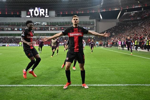 08.05.2024, xjrdrx, Fussball UEFA Europa League, Bayer 04 Leverkusen - AS Roma emspor, v.l. Jospi Stanisic (Bayer Leverkusen) celebrate the goal, Der Torjubel zum 2:2 (DFL DFB REGULATIONS PROHIBIT ANY USE OF PHOTOGRAPHS as IMAGE SEQUENCES and or QUASI-VIDEO) Leverkusen