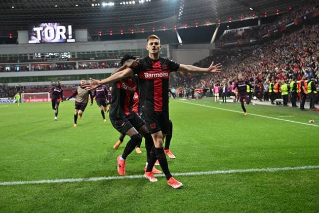 08.05.2024, xjrdrx, Fussball UEFA Europa League, Bayer 04 Leverkusen - AS Roma emspor, v.l. Jospi Stanisic (Bayer Leverkusen) celebrate the goal, Der Torjubel zum 2:2 (DFL DFB REGULATIONS PROHIBIT ANY USE OF PHOTOGRAPHS as IMAGE SEQUENCES and or QUASI-VIDEO) Leverkusen