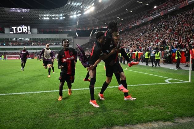 08.05.2024, xjrdrx, Fussball UEFA Europa League, Bayer 04 Leverkusen - AS Roma emspor, v.l. Jospi Stanisic (Bayer Leverkusen) celebrate the goal, Der Torjubel zum 2:2 (DFL DFB REGULATIONS PROHIBIT ANY USE OF PHOTOGRAPHS as IMAGE SEQUENCES and or QUASI-VIDEO) Leverkusen