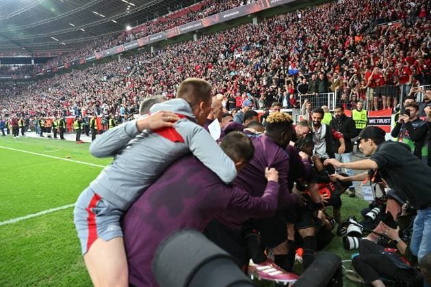08.05.2024, xjrdrx, Fussball UEFA Europa League, Bayer 04 Leverkusen - AS Roma emspor, v.l. Jospi Stanisic (Bayer Leverkusen) celebrate the goal, Der Torjubel zum 2:2 (DFL DFB REGULATIONS PROHIBIT ANY USE OF PHOTOGRAPHS as IMAGE SEQUENCES and or QUASI-VIDEO) Leverkusen