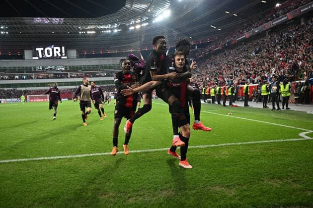08.05.2024, xjrdrx, Fussball UEFA Europa League, Bayer 04 Leverkusen - AS Roma emspor, v.l. Jospi Stanisic (Bayer Leverkusen) celebrate the goal, Der Torjubel zum 2:2 (DFL DFB REGULATIONS PROHIBIT ANY USE OF PHOTOGRAPHS as IMAGE SEQUENCES and or QUASI-VIDEO) Leverkusen