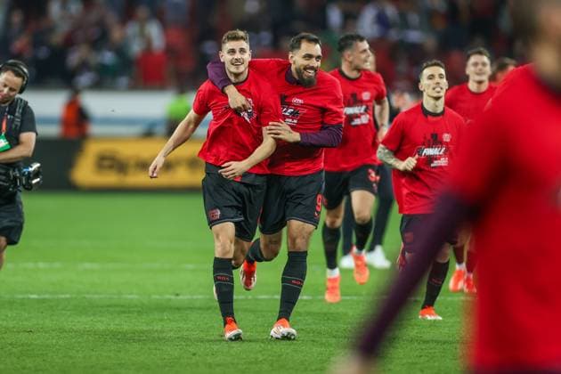 09.05.2024, Fussball, Saison 2023 2024, Europa League, Halbfinale, Bayer Leverkusen - AS Rom, v. l. Josip Stanisic (Bayer Leverkusen) und Borja Iglesias (Bayer Leverkusen) jubeln. Leverkusen BayArena NRW Deutschland xRHR-FOTO TRx Copyright: TimxRehbein RHR-FOTOx RHR-FOTO TR