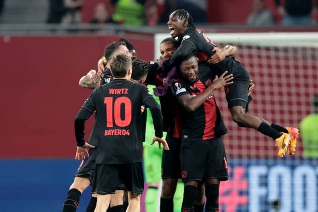 Die Spieler von Bayer 04 Leverkusen freuen sich über den Einzug ins Europa League Finale beim Spiel der Europa League (Halbfinale-Rückspiel) Bayer 04 Leverkusen - AS Rom. Copyright: Thomas Pakusch