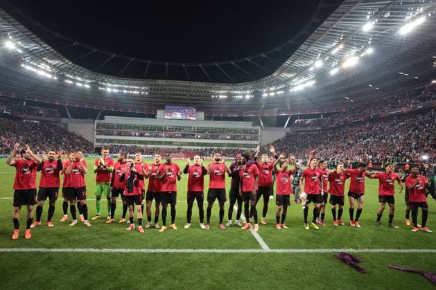 Die Spieler von Bayer 04 Leverkusen freuen sich über den Einzug ins Europa League Finale beim Spiel der Europa League (Halbfinale-Rückspiel) Bayer 04 Leverkusen - AS Rom. Copyright: Thomas Pakusch