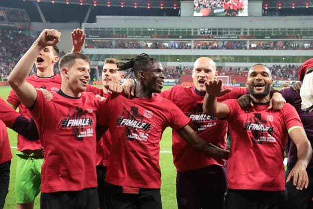 Die Spieler Bayer 04 Leverkusen freuen sich über den Einzug in Europa League Finale beim Spiel der Europa League (Halbfinale-Rückspiel) Bayer 04 Leverkusen - AS Rom. Copyright: Thomas Pakusch