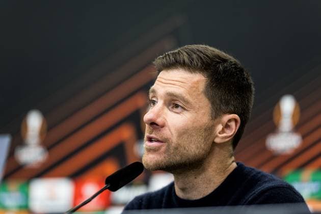 UEFA Europa League Halbfinale; Bayer 04 Leverkusen vs. AS Rom, 09.05.2024 Xabi Alonso (Trainer Bayer 04 Leverkusen) in der Pressekonferenz UEFA Europa League: Bayer 04 Leverkusen - AS Roma, Leverkusen, BayArena am 09.05.2024 Copyright: xBEAUTIFULxSPORTS Wunderlx