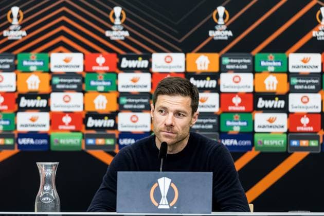 UEFA Europa League Halbfinale; Bayer 04 Leverkusen vs. AS Rom, 09.05.2024 Xabi Alonso (Trainer Bayer 04 Leverkusen) in der Pressekonferenz UEFA Europa League: Bayer 04 Leverkusen - AS Roma, Leverkusen, BayArena am 09.05.2024 Copyright: xBEAUTIFULxSPORTS Wunderlx
