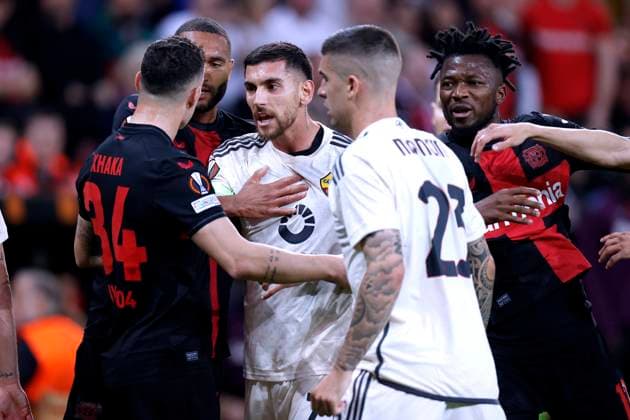 XHAKA Granit Team Bayer 04 Leverkusen mit PELLEGRINI Lorenzo UEFA Europa League Saison 2023 - 2024 Halbfinale Rueckspiel Spiel Bayer 04 Leverkusen - AS Rom 2 : 2 am 09.05. 2024 in Leverkusen DFL REGULATIONS PROHIBIT ANY USE OF PHOTOGRAPHS as IMAGE SEQUENCES and or QUASI-VIDEO Copyright: xLacixPerenyix