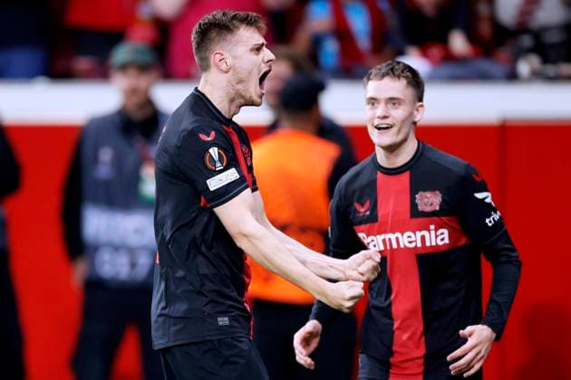 STANISIC Josip Team Bayer 04 Leverkusen jubelt nach seinem Tor zum 2 : 2 mit WIRTZ Florian UEFA Europa League Saison 2023 - 2024 Halbfinale Rueckspiel Spiel Bayer 04 Leverkusen - AS Rom 2 : 2 am 09.05. 2024 in Leverkusen DFL REGULATIONS PROHIBIT ANY USE OF PHOTOGRAPHS as IMAGE SEQUENCES and or QUASI-VIDEO Copyright: xLacixPerenyix