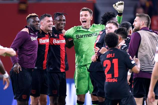 XHAKA Granit Team Bayer 04 Leverkusen beim Schlussjubel mit BONIFACE Victor, TAPSOBA , Torwart KOVAR Matej mit WIRTZ und ADLI UEFA Europa League Saison 2023 - 2024 Halbfinale Rueckspiel Spiel Bayer 04 Leverkusen - AS Rom 2 : 2 am 09.05. 2024 in Leverkusen DFL REGULATIONS PROHIBIT ANY USE OF PHOTOGRAPHS as IMAGE SEQUENCES and or QUASI-VIDEO Copyright: xLacixPerenyix