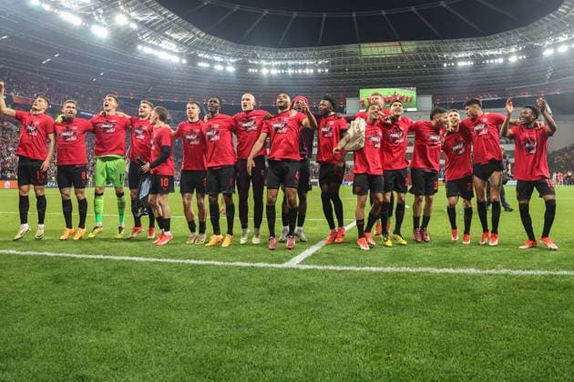 Europa League - Bayer 04 Leverkusen - AS Rom am 09.05.2024 in der BayArena in Leverkusen Jubel und Freude bei der Mannschaft dürftig hoffentlich Container ¦