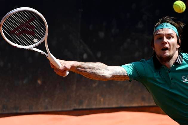 Alexander Bublik of Kazakhstan in action during the match against Nuno Borges of Portugal at the Internazionali BNL d Italia 2024 tennis tournament at Foro Italico in Rome, Italy on May 10, 2024. Nuono Borges defeated Alexander Bublik 6-4, 6-4. antoniettaxbaldassarre