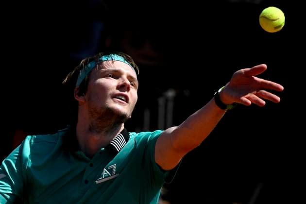Alexander Bublik of Kazakhstan serves during the match against Nuno Borges of Portugal at the Internazionali BNL d Italia 2024 tennis tournament at Foro Italico in Rome, Italy on May 10, 2024. Nuono Borges defeated Alexander Bublik 6-4, 6-4. antoniettaxbaldassarre