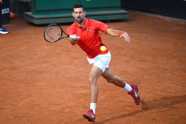 Novak Djokovic during the match against Corentin Moutet at the Internazionali BNL d Italia 2024 tennis tournament at Foro Italico in Rome, Italy on May 10th, 2024. antoniettaxbaldassarre