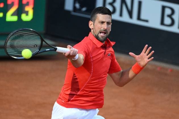 Novak Djokovic during the match against Corentin Moutet at the Internazionali BNL d Italia 2024 tennis tournament at Foro Italico in Rome, Italy on May 10th, 2024. antoniettaxbaldassarre