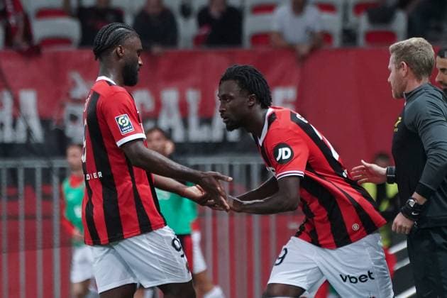 Terem Moffi (OGC Nice) - Evann Guesssand (OGC Nice) FOOTBALL : OGC Nice vs Le Havre - Ligue 1 Uber Eats - Nice - 10 05 2024 NorbertScanella Panoramic 