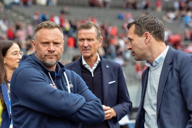 11.05.2024, xlakx, Fussball 2.Bundesliga, Hertha BSC Berlin - 1.FC Kaiserslautern emspor, v.l. Pal Dardai (Hertha BSC Trainer),Geschaeftsfuehrer Thomas E. Herrich (Hertha BSC),Benjamin Weber (Hertha BSC Sportdirektor) (DFL DFB REGULATIONS PROHIBIT ANY USE OF PHOTOGRAPHS as IMAGE SEQUENCES and or QUASI-VIDEO) Daniel Lakomski Jan Huebner Berlin