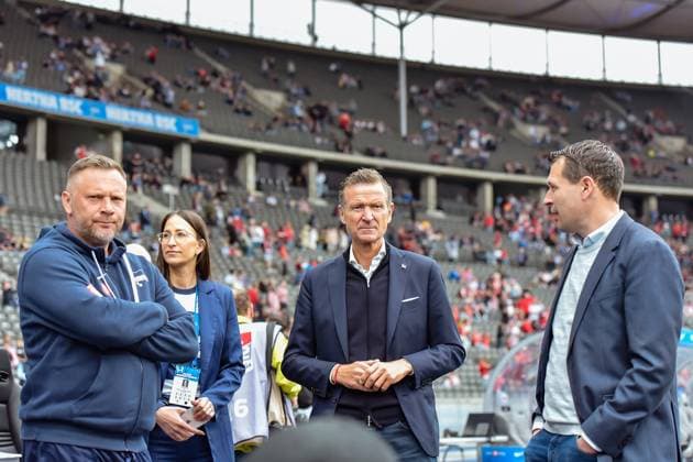 11.05.2024, xlakx, Fussball 2.Bundesliga, Hertha BSC Berlin - 1.FC Kaiserslautern emspor, v.l. Pal Dardai (Hertha BSC Trainer),Pressesprecherin Vera Krings (Hertha BSC),Geschaeftsführer Thomas E. Herrich (Hertha BSC),Benjamin Weber (Hertha BSC Sportdirektor) (DFL DFB REGULATIONS PROHIBIT ANY USE OF PHOTOGRAPHS as IMAGE SEQUENCES and or QUASI-VIDEO) Daniel Lakomski Jan Huebner Berlin