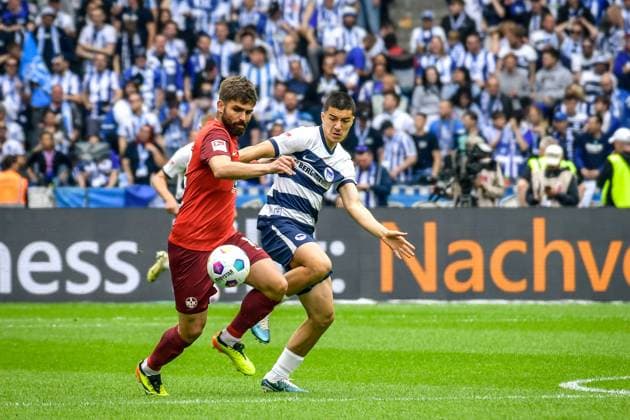 11.05.2024, xlakx, Fussball 2.Bundesliga, Hertha BSC Berlin - 1.FC Kaiserslautern emspor, v.l. Nikola Soldo (1.FC Kaiserslautern 14),Ibrahim Maza (Hertha BSC 30),Zweikampf, Duell, Kampf, tackle (DFL DFB REGULATIONS PROHIBIT ANY USE OF PHOTOGRAPHS as IMAGE SEQUENCES and or QUASI-VIDEO) Daniel Lakomski Jan Huebner Berlin
