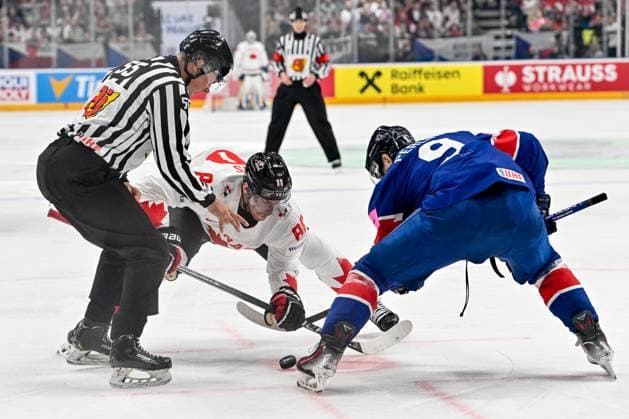PRAGUE, CZECH REPUBLIC - MAY 11: Pierre-Luc Dubois of Canada (L) and Brett Perlini of Great Britain (R) battle for the puck during the preliminary round match between Great Britain and Canada at Prague Arena on May 11, 2024 in Prague, Czech Republic. Prague Prague Arena Czech Republic Copyright: xJustPictures.ch AndreaxBrancax jp-en-EuSpIm-AB_11052024_AAB_4239