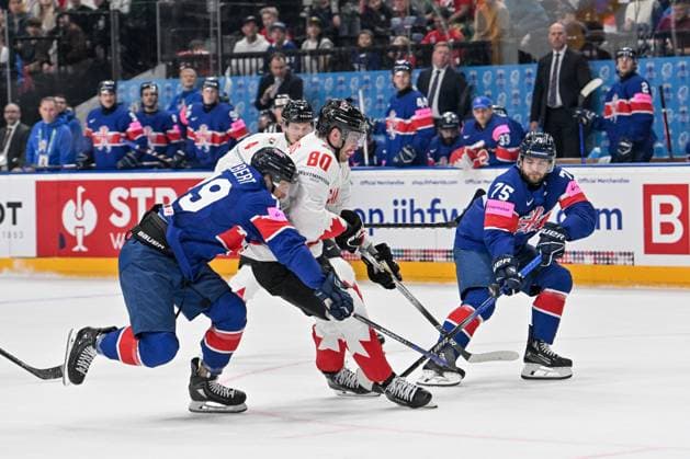 PRAGUE, CZECH REPUBLIC - MAY 11: Pierre-Luc Dubois of Canada battles for the puck against Robert Dowd of Great Britain (R) during the preliminary round match between Great Britain and Canada at Prague Arena on May 11, 2024 in Prague, Czech Republic. Prague Prague Arena Czech Republic Copyright: xJustPictures.ch AndreaxBrancax jp-en-EuSpIm-AB_11052024_AAB_4656
