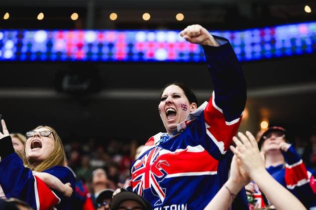 Ice hockey, Eishockey - IIHF WC 2024 PRAGUE,CZECH REPUBLIC,11.MAY.24 - ICE HOCKEY - IIHF Ice Hockey World Championship, WM, Weltmeisterschaft 2024, group stage, Great Britain vs Canada. Image shows the rejoicing of a fan.  GEPAxpictures xDanielxGoetzhaber