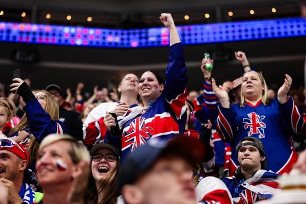 Ice hockey, Eishockey - IIHF WC 2024 PRAGUE,CZECH REPUBLIC,11.MAY.24 - ICE HOCKEY - IIHF Ice Hockey World Championship, WM, Weltmeisterschaft 2024, group stage, Great Britain vs Canada. Image shows fans.  GEPAxpictures xDanielxGoetzhaber