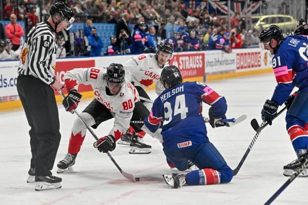 PRAGUE, CZECH REPUBLIC - MAY 11: Pierre-Luc Dubois of Canada fights for the puck against Cade Neilson of Great Britain during the preliminary round match between Great Britain and Canada at Prague Arena on May 11, 2024 in Prague, Czech Republic. Prague Prague Arena Czech Republic Copyright: xJustPictures.ch AndreaxBrancax jp-en-EuSpIm-AB_11052024_AAB_4863