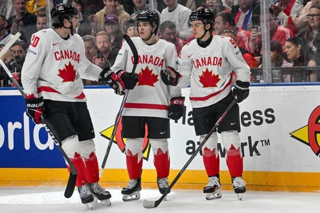 PRAGUE, CZECH REPUBLIC - MAY 11: Connor Bedard of Canada (R) celebrate his goal with Michael Bunting of Canada (C) and Nick Paul of Canada (L) during the preliminary round match between Great Britain and Canada at Prague Arena on May 11, 2024 in Prague, Czech Republic. Prague Prague Arena Czech Republic Copyright: xJustPictures.ch AndreaxBrancax jp-en-EuSpIm-AB_11052024_AAB_5017