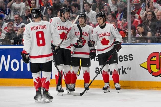 PRAGUE, CZECH REPUBLIC - MAY 11: Connor Bedard of Canada (R) celebrate his goal during the preliminary round match between Great Britain and Canada at Prague Arena on May 11, 2024 in Prague, Czech Republic. Prague Prague Arena Czech Republic Copyright: xJustPictures.ch AndreaxBrancax jp-en-EuSpIm-AB_11052024_AAB_5028