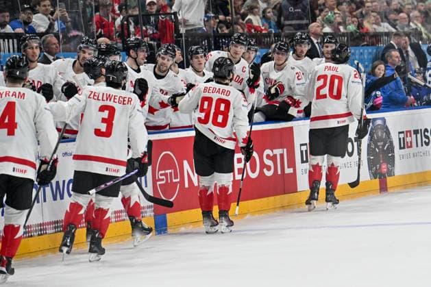 PRAGUE, CZECH REPUBLIC - MAY 11: Connor Bedard of Canada celebrate his goal during the preliminary round match between Great Britain and Canada at Prague Arena on May 11, 2024 in Prague, Czech Republic. Prague Prague Arena Czech Republic Copyright: xJustPictures.ch AndreaxBrancax jp-en-EuSpIm-AB_11052024_AAB_5072