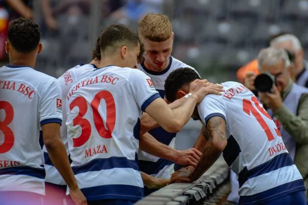 11.05.2024, xlakx, Fussball 2.Bundesliga, Hertha BSC Berlin - 1.FC Kaiserslautern emspor, v.l. Ibrahim Maza (Hertha BSC 30),Marton Dardai (Hertha BSC 31),Jeremy Dudziak (Hertha BSC 19),Jubel nach dem 2:1 (DFL DFB REGULATIONS PROHIBIT ANY USE OF PHOTOGRAPHS as IMAGE SEQUENCES and or QUASI-VIDEO) Daniel Lakomski Jan Huebner Berlin
