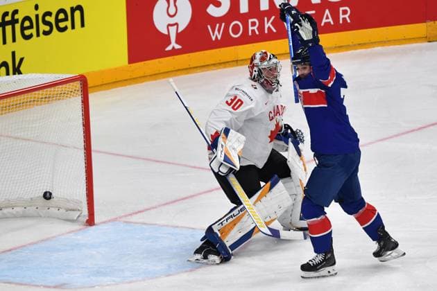 May 11, 2024, Prague, Czech Republic: LIAM KIRK of Great Britain celebrate after scoring first goal during the 2024 IIHF Ice hockey, Eishockey World Championship, WM, Weltmeisterschaft match between Great Britain and Canada at the O2 arena in Prag, Czech Republic, May 11, 2024. Goalkeeper JOEL HOFER of Canada Prague Czech Republic - ZUMAr156 20240511_aap_r156_013 Copyright: xSlavekxRutax