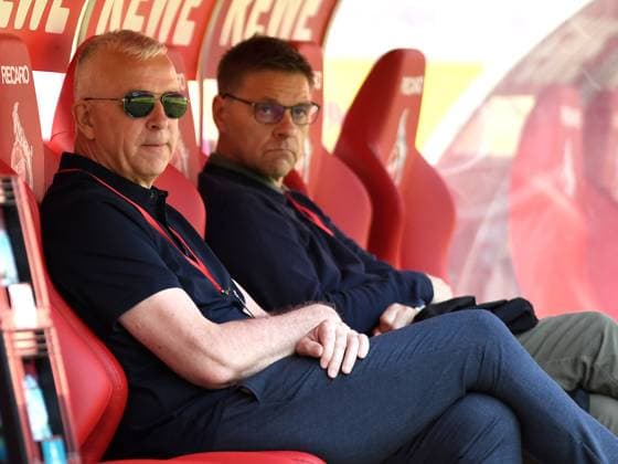 11.05.2024, Cologne, Germany, Rhein-Energie-Stadium, 1. FC Koeln vs 1. FC Union Berlin - 1. Bundesliga, Präsident Dirk Zingler (Union Berlin) und Sportlicher Leiter Oliver Ruhnert (Union Berlin) schauen (Foto Ralf Treese) DFB DFL REGULATIONS PROHIBIT ANY USE OF PHOTOGRAPHS AS IMAGE SEQUENCES AND OR QUASI-VIDEO. Cologne Rhein-Energie-Stadium North Rhine-Westphalia Germany